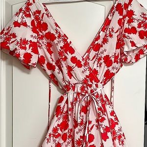 Aakaa full mini dress, white with orange floral pattern